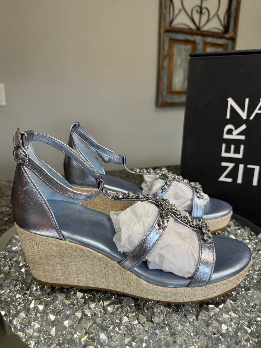 Naturalizer Serena Metallic blue Silver Jeweled Wedge Sandals NEW 8.5